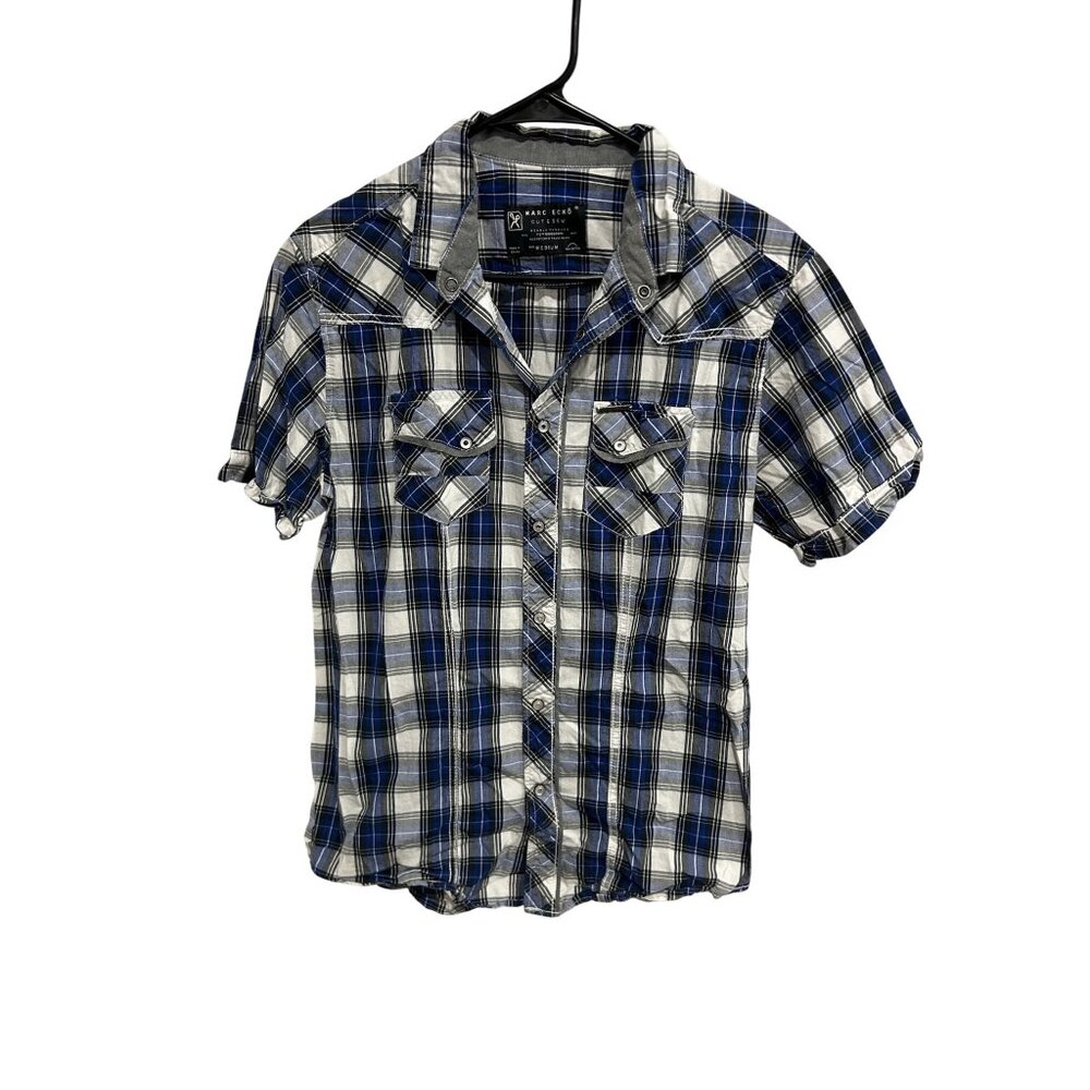 Marc Ecko Cut & Sew Snap Front Plaid Shirt Blue White Sz Medium Cotton Preppy